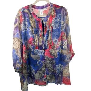 Maggie Barnes‎ Catherines 3X Sheer Blouse Tank Set Paisley Floral Button Front